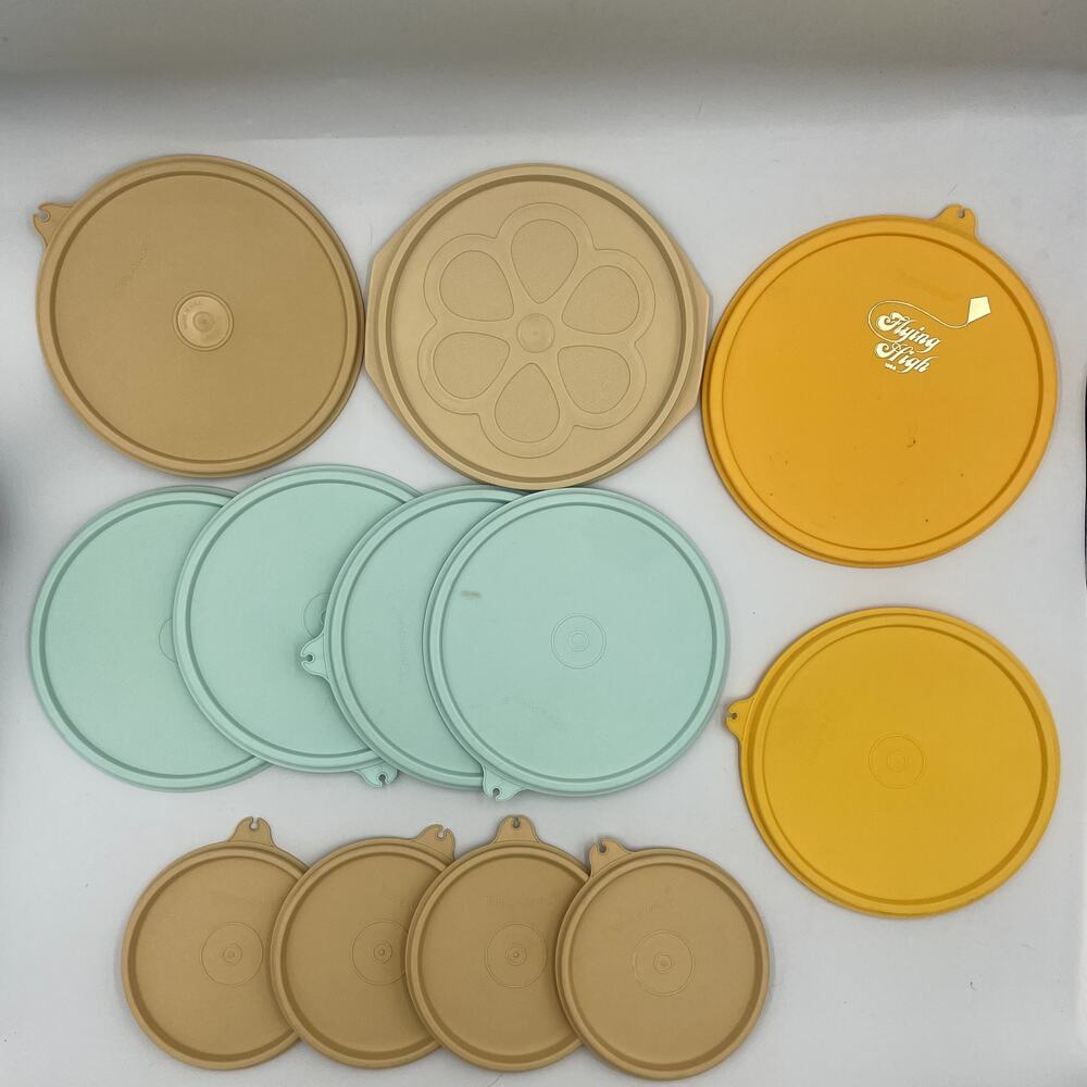 Lot Bundle Vintage Tupperware Round Multi-colored Lids Blue Yellow Flying High
